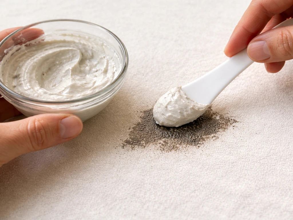 Hands mixing white kaolin poultice paste and spreading it over a grease stain with a plastic spatula.