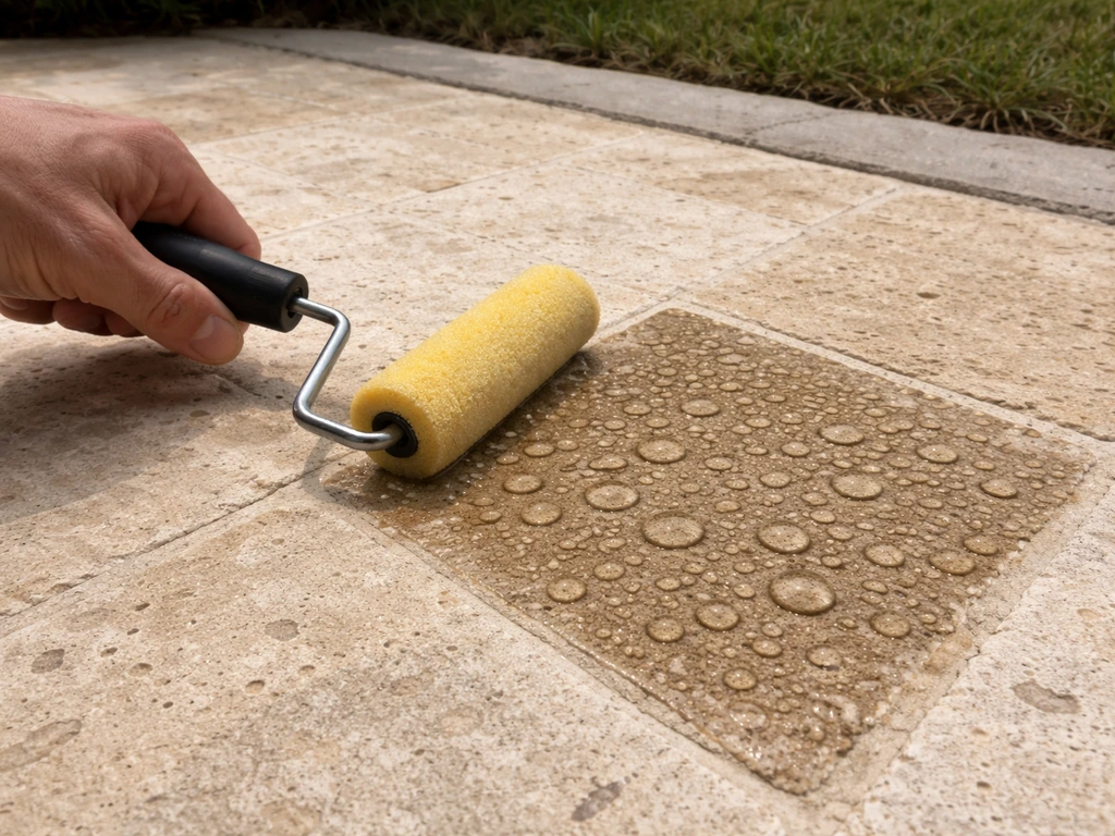 Hand applies sealer to a limestone patio; treated area shows visible water beading on the pores.