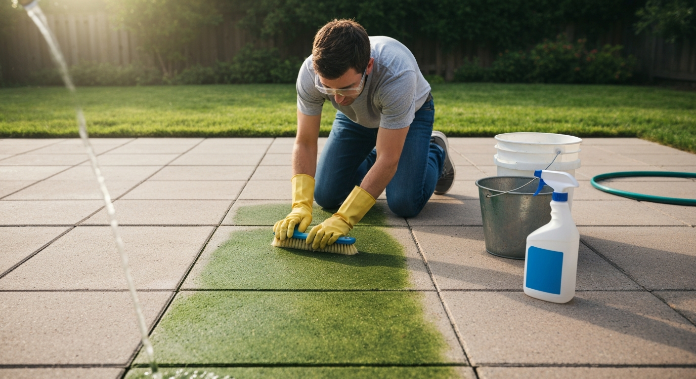 Person scrubbing algae-covered concrete patio with vinegar, showing cleaned versus uncleaned areas.