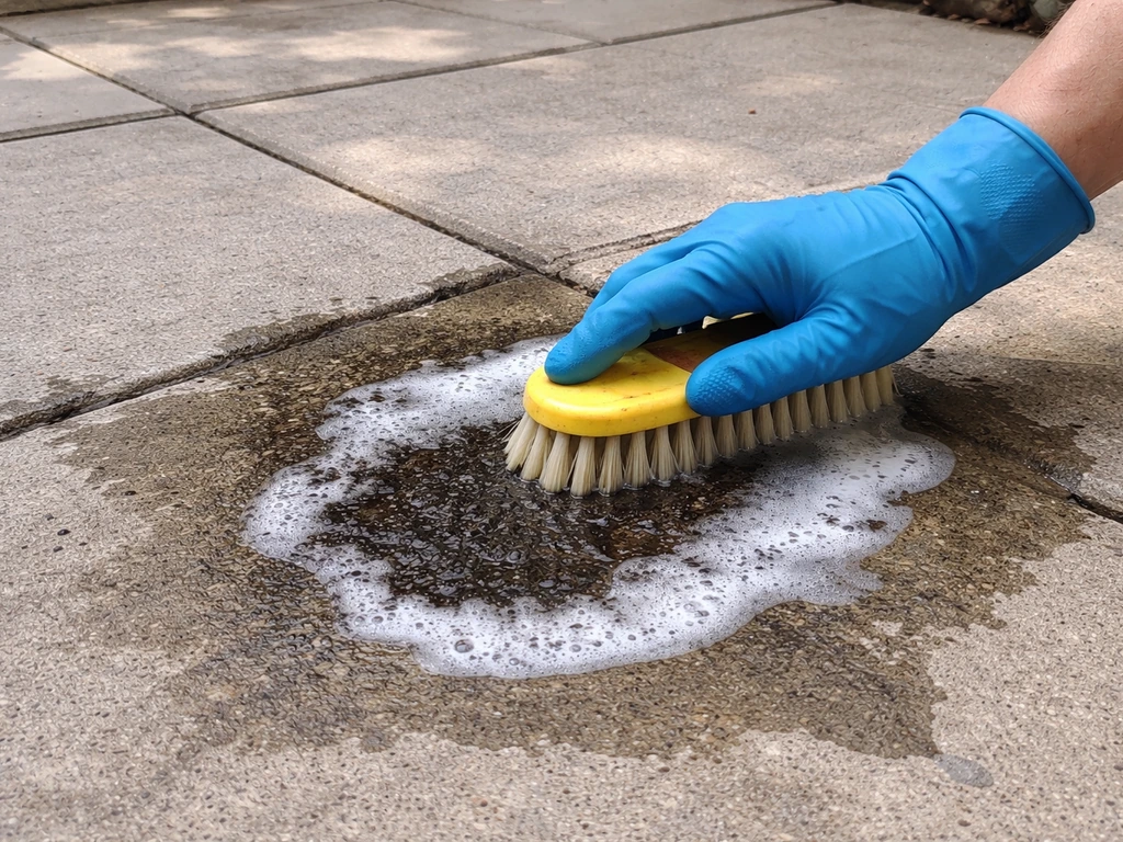 Gloved hand scrubbing an oil-stained patio concrete slab with soapy cleaner in natural daylight.