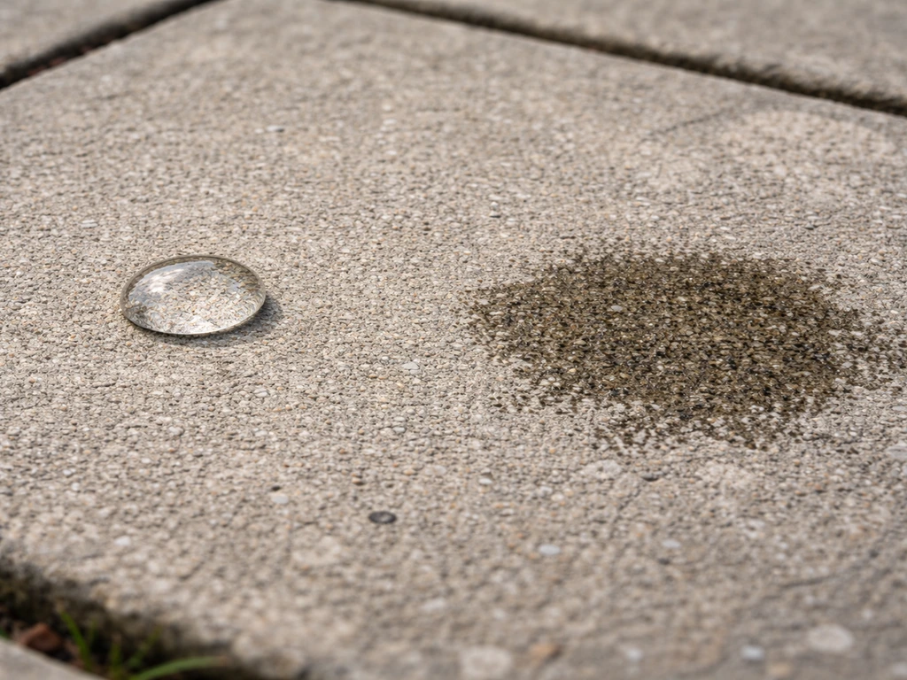 Two close-up spots on a patio slab: one water droplet beads up, the other soaks in to show sealed vs unsealed.