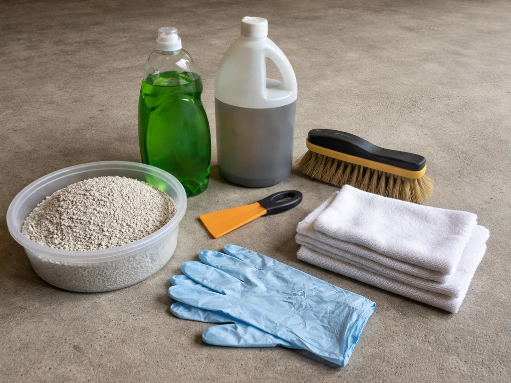 DIY oil-stain removal supplies laid out neatly: absorbent litter, dish soap, degreaser, brush, scraper, rags, gloves.