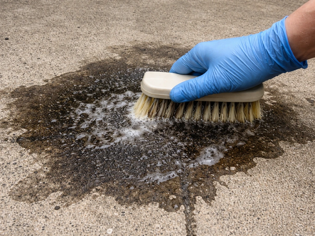 Brush applying concentrated concrete degreaser to a dark oil stain on weathered concrete slab.