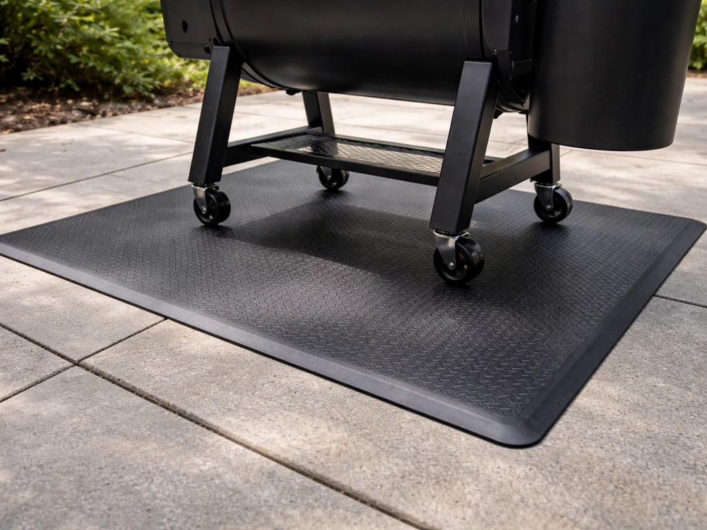 Anti-fatigue rubber mat under an outdoor grill on a patio, protecting against oil transfer.