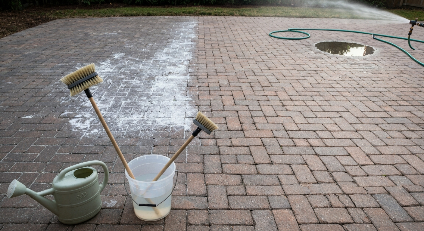 Brick patio half cleaned showing bright clean bricks and dirty chalky efflorescence side-by-side, with cleaning tools (watering can, bucket, brush) in the foreground.