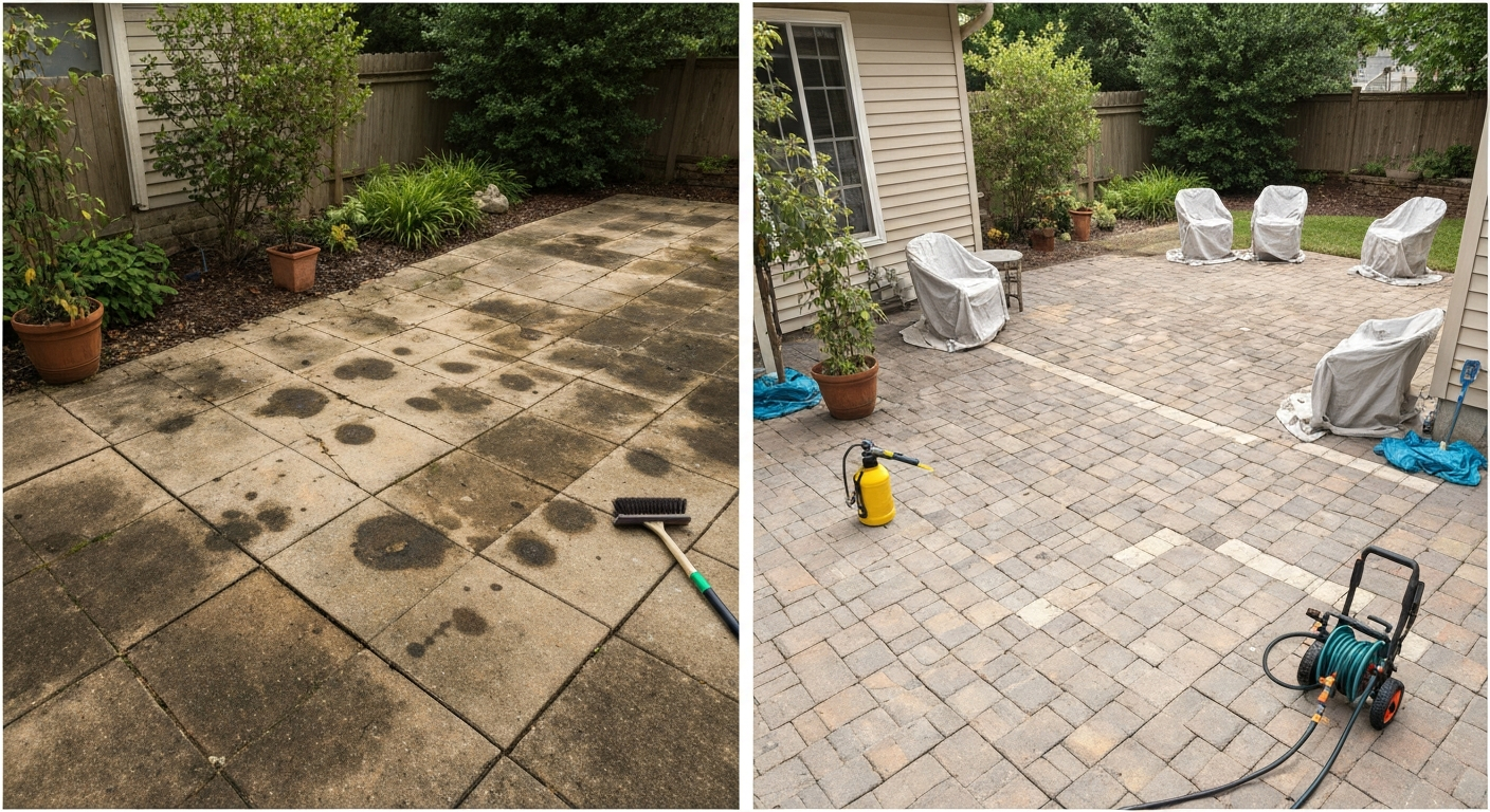 Before-and-after view of a patio: left side grimy and stained, right side freshly cleaned with tools (brush, hose, pressure washer) visible.