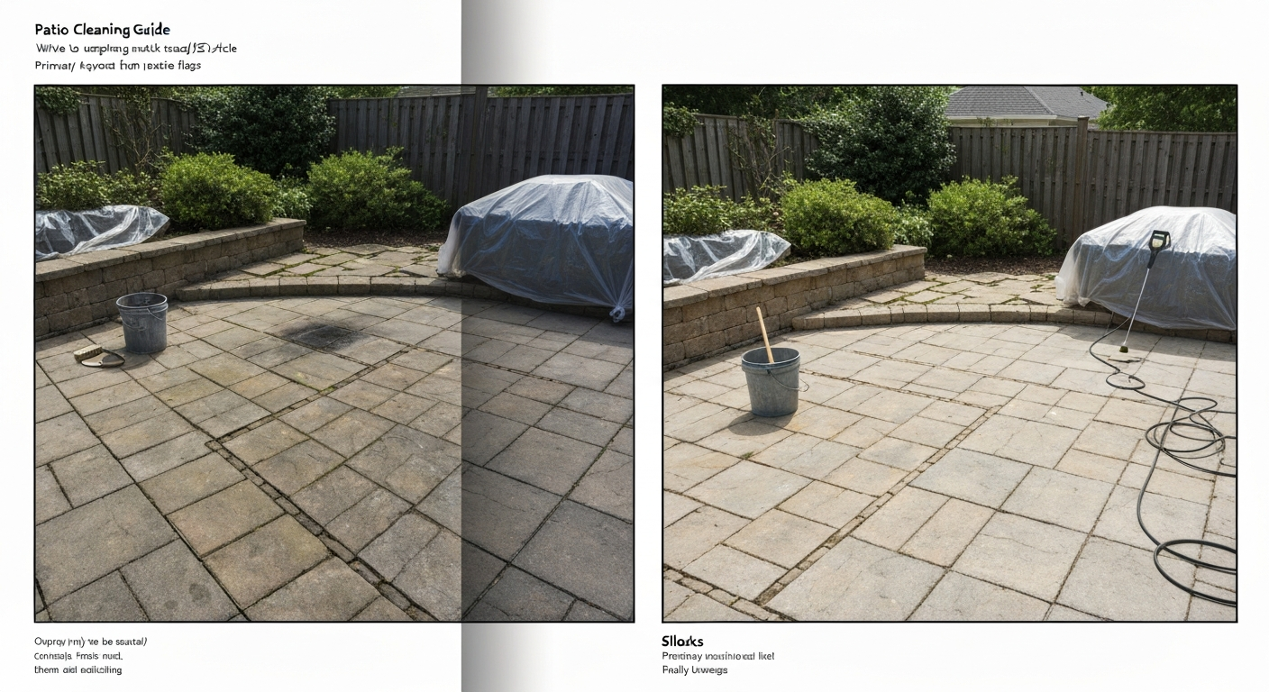 Split illustration of a patio: left side shows black spots (algae, soot, oil, rust, efflorescence) on flags; right side shows the same patio cleaned. Cleaning tools visible, no people.