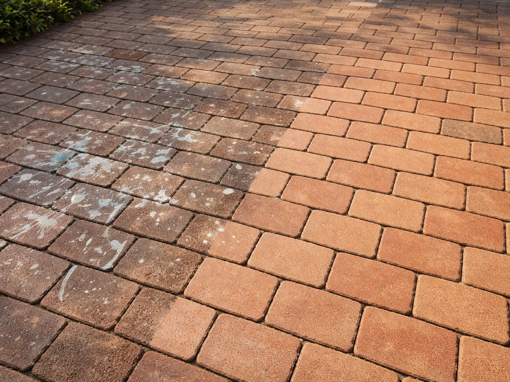 Wide brick patio with visible paint spots and one freshly cleaned area, sunlit and clean.