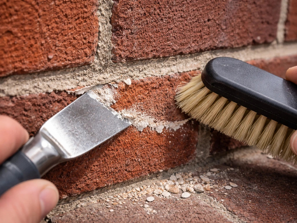 Close-up of a scraper and stiff brush removing fresh paint from brick without gouging the surface.