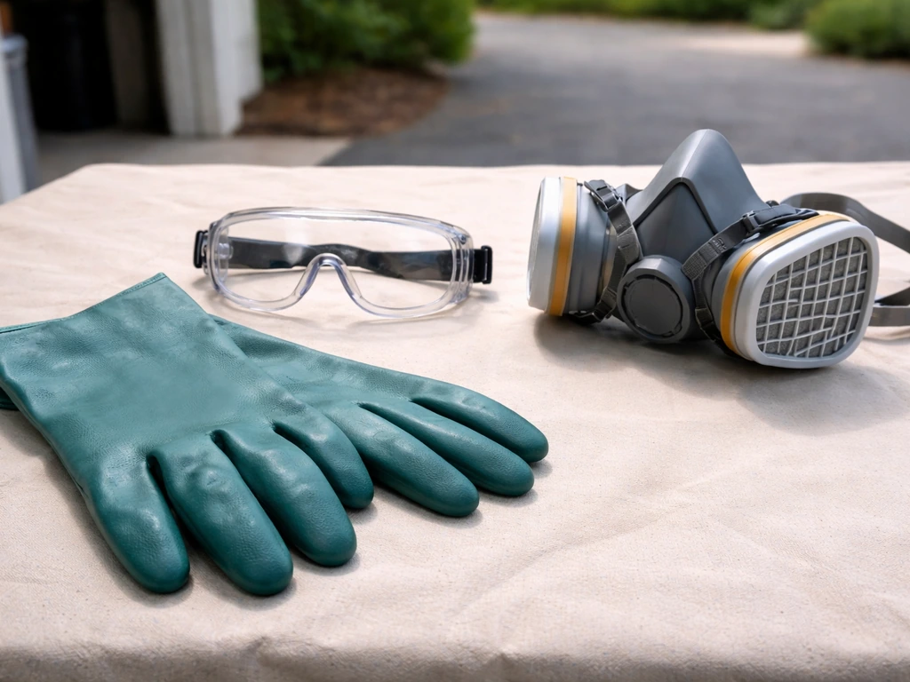 Chemical stripping PPE laid out on a work surface: gloves, goggles/face shield, and a chemical respirator outdoors.