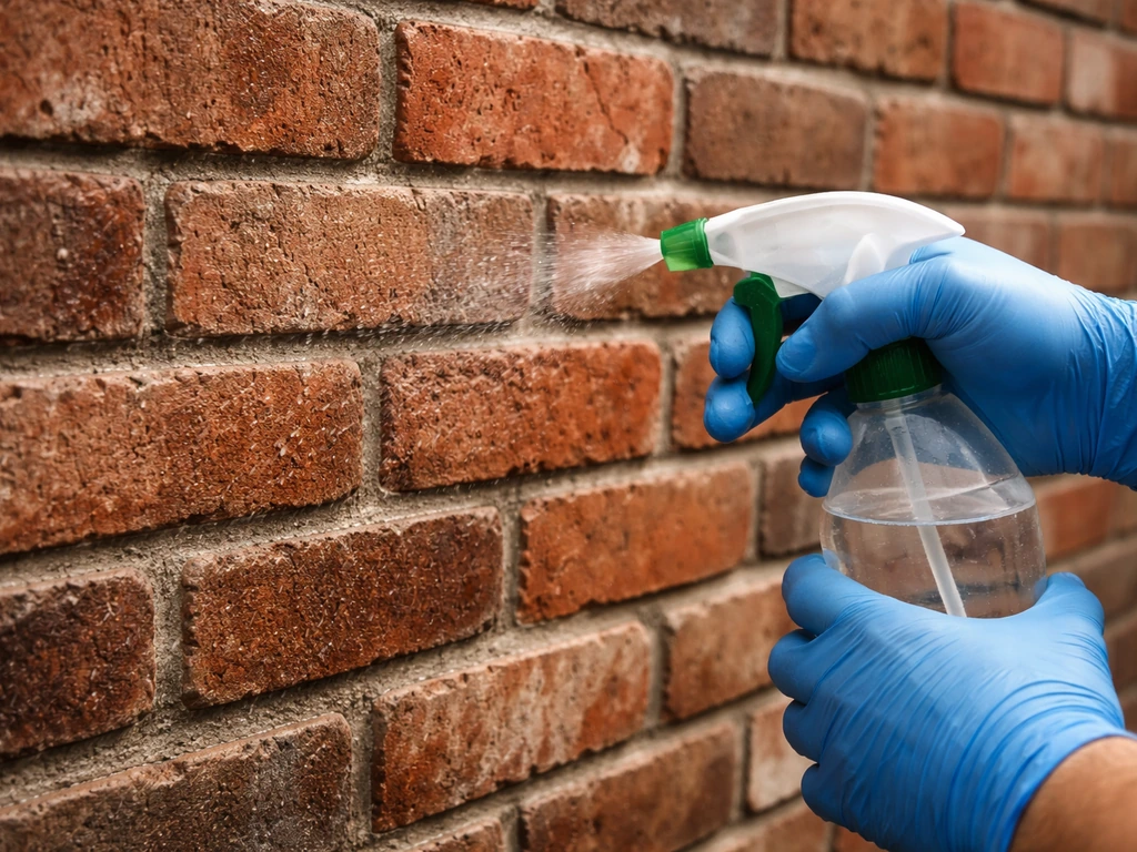 Close-up of a worker pre-wetting rough brick with a spray bottle before applying chemical stripper