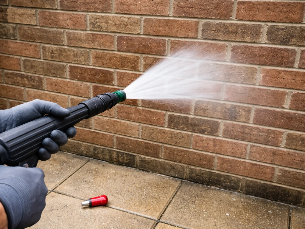 Gloved hands spraying a controlled wide-angle fan onto brick while a narrow nozzle sits unused nearby.