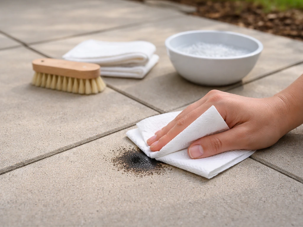 Paper towel blotting an oil spot on a concrete patio while a small cleaning kit sits nearby.