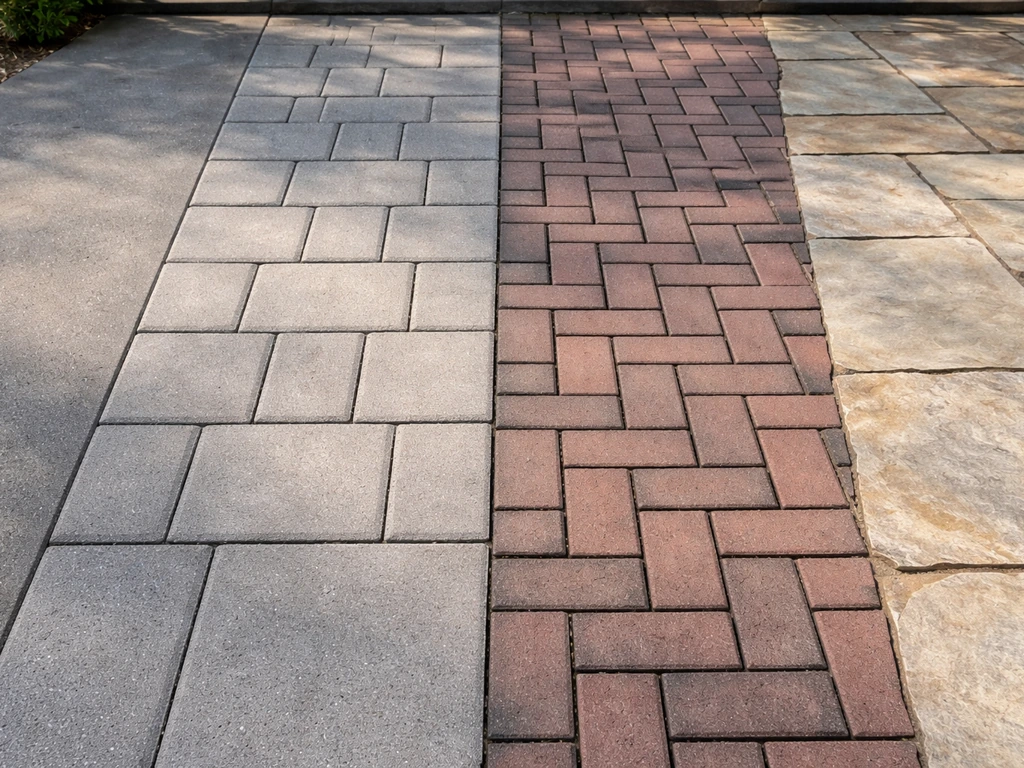Side-by-side textures of concrete, pavers, brick with mortar joints, and natural stone patio surfaces.