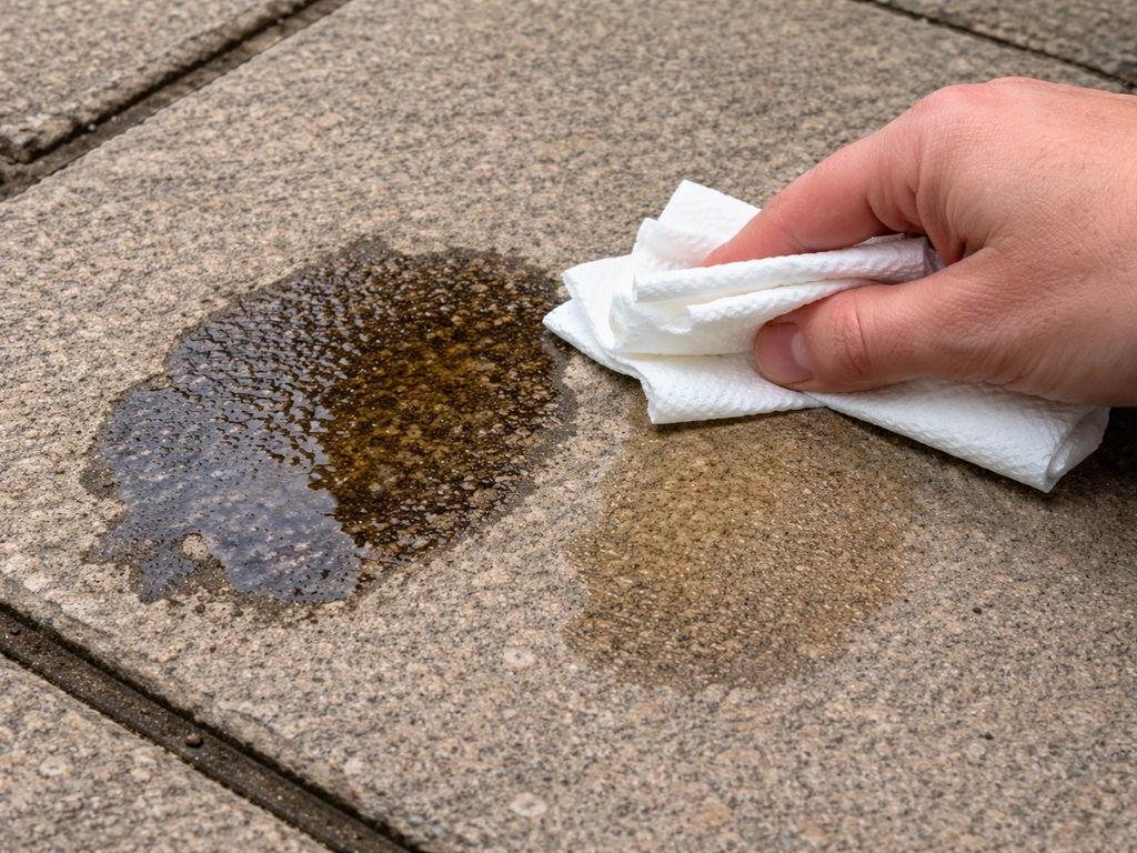 Hand blots a fresh WD-40 spill on a patio with paper towels, lifting liquid without spreading.