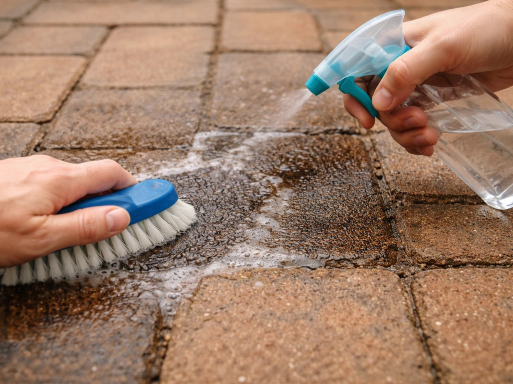 Hand scrubbing oil-stained brick pavers with diluted dish soap and a nylon brush.