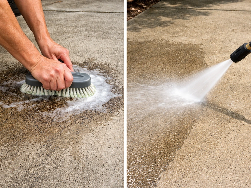 Person scrubbing a concrete surface by hand, with a separate panel showing pressure-washing a safe distance away.