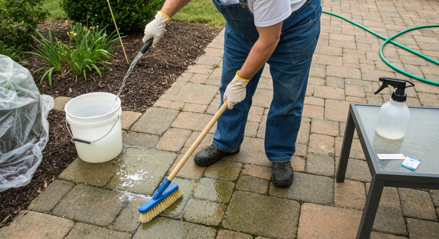 Person (shoulders down) wearing gloves and goggles scrubbing algae-stained patio pavers with a deck brush, bucket of diluted bleach, hose, and covered plants visible nearby.