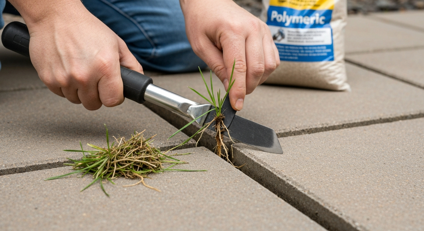 Close-up of hands using a crevice weeder to pull grass and roots from between concrete patio stones.