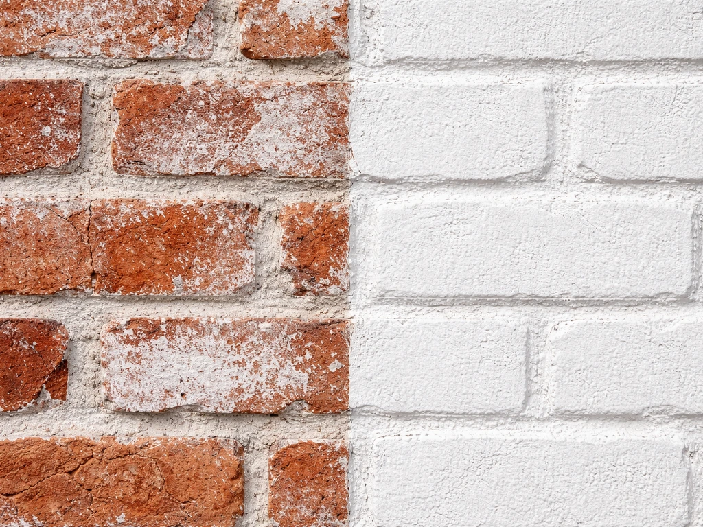 Close-up of brick wall showing side-by-side whitewash/limewash texture vs solid white paint coverage.
