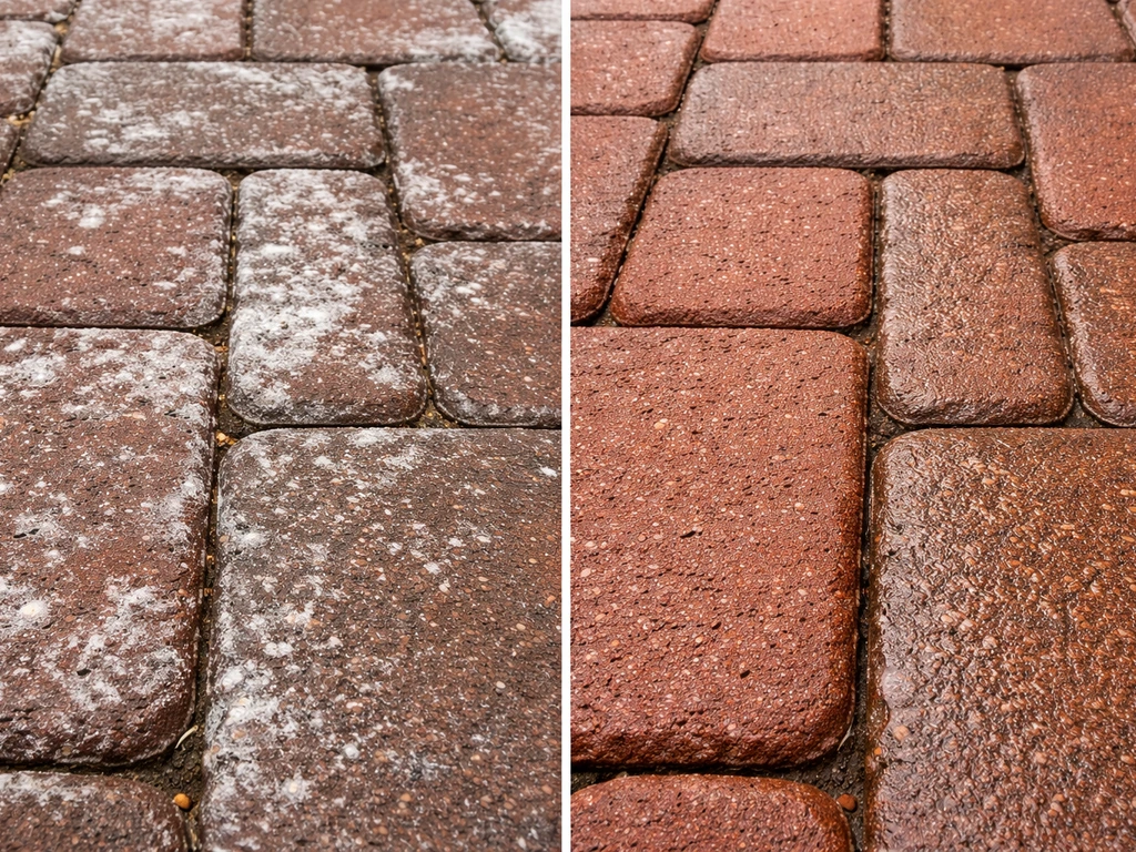 Close-up of brick showing chalky white efflorescence beside a freshly cleaned, natural brick surface.