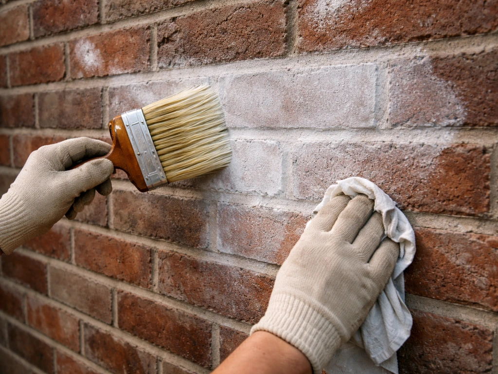Gloved hands brush translucent limewash onto damp brick and wipe back with rags.