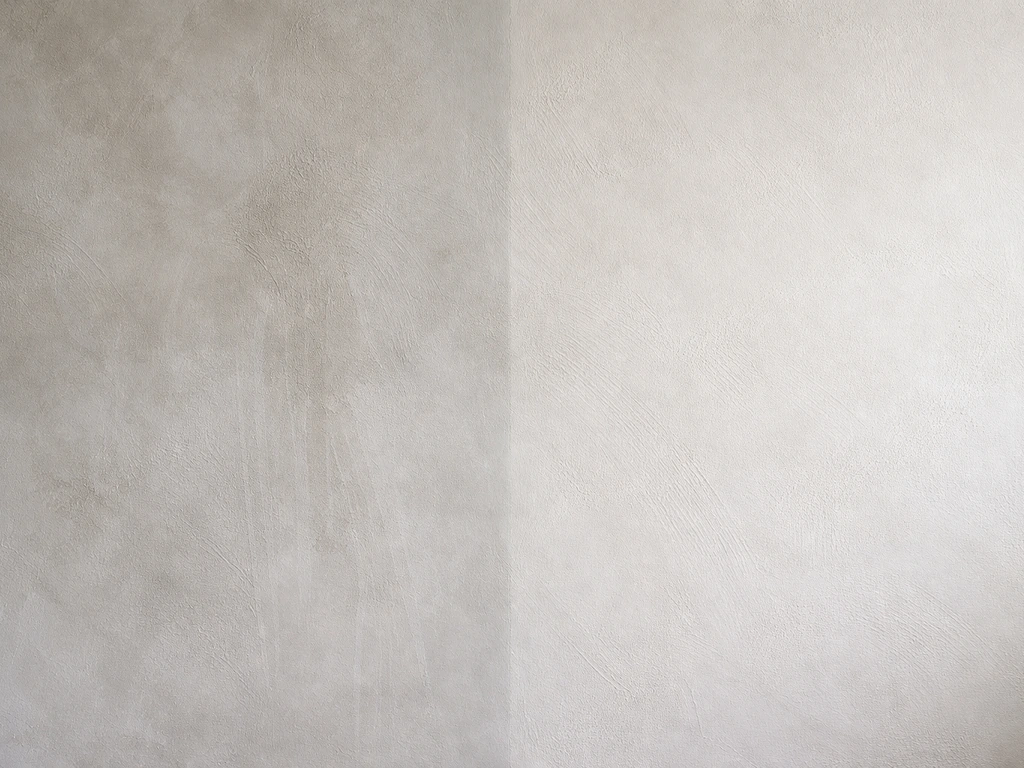 Close-up of a limewashed wall showing blotchy white patches next to smoothly blended corrected area.