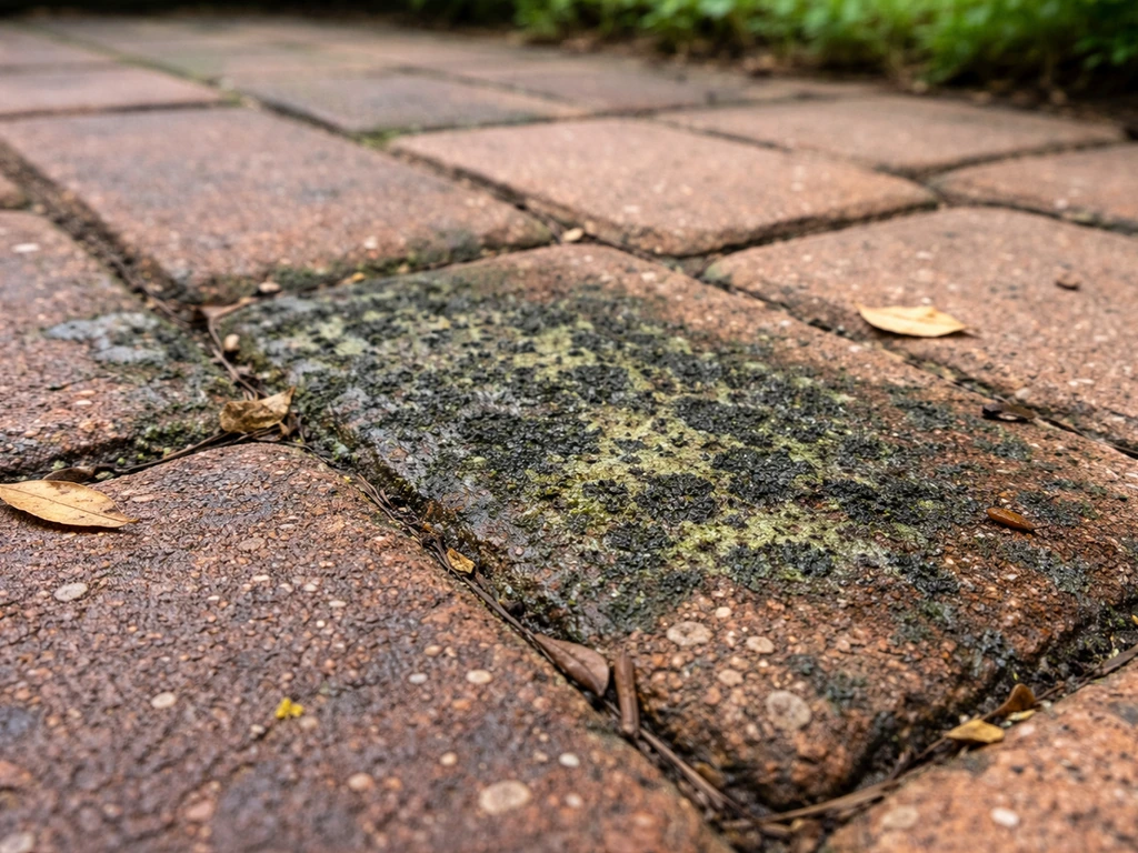Close-up of a brick patio with visible green/black mold stains on the bricks and mortar lines.