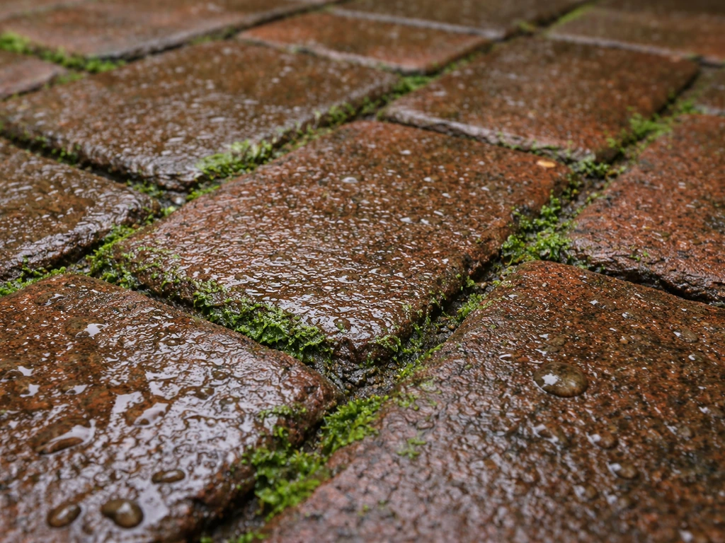 Damp brick patio with green moss and algae growing in grout lines after rain.