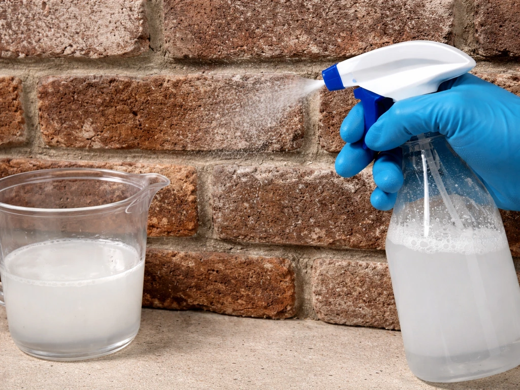 Gloved hands spraying diluted bleach solution onto a small section of brick to remove mold