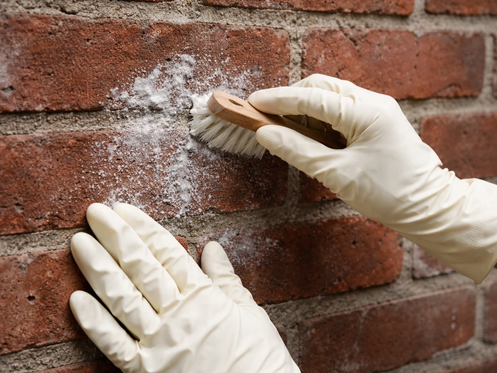 Person brushing oxygenated cleaner powder onto brick for a bleach-free cleaning alternative.
