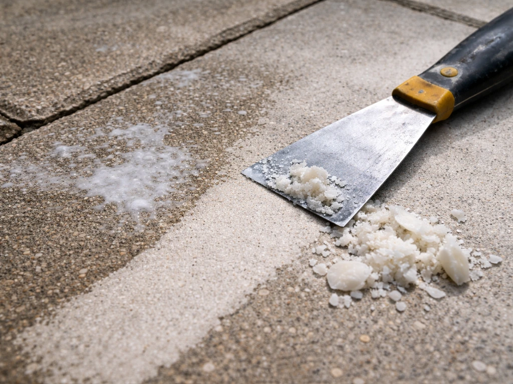 Scraper removing a wax stain from a concrete patio, showing clean surface beside remaining residue.