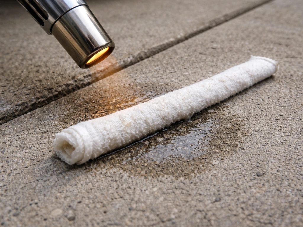 Heat tool near a wax-stained concrete spot with a wick strip absorbing melted wax.