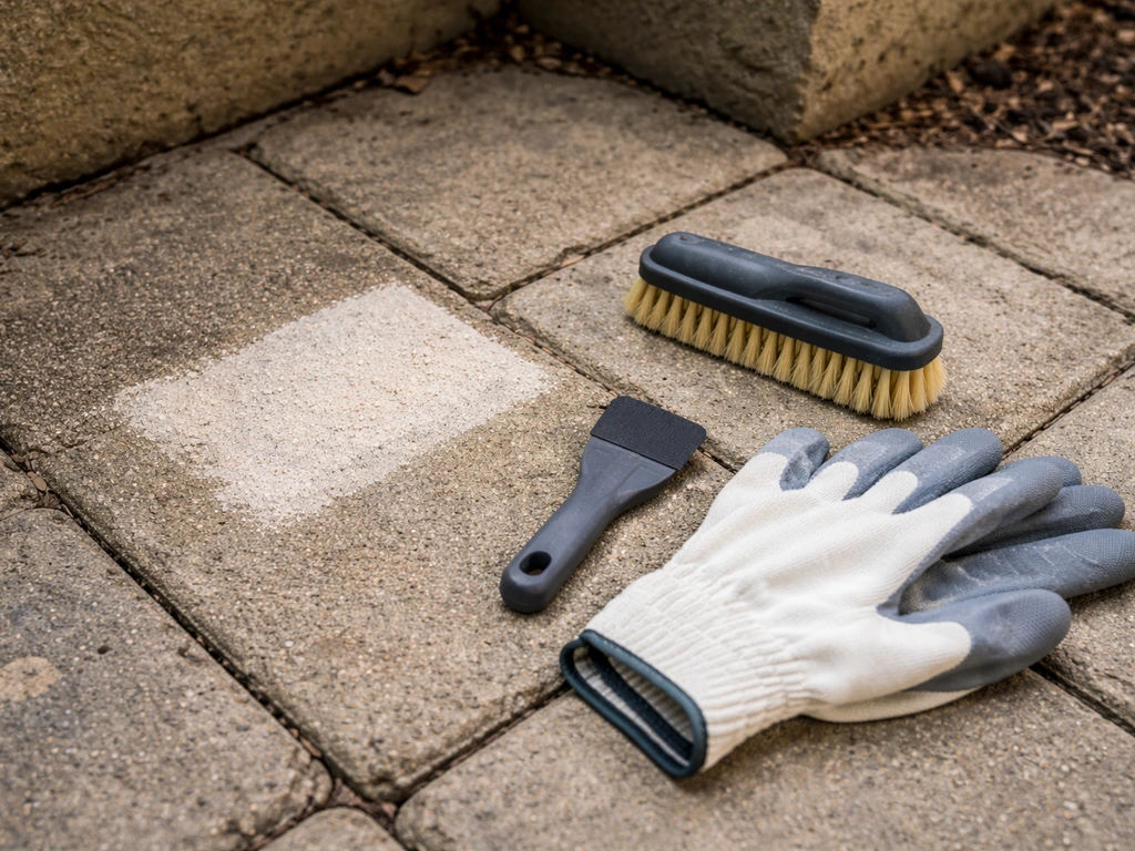 Close-up of a patio corner with a small test-cleaner spot, plastic scraper, nylon brush, and safety gloves.