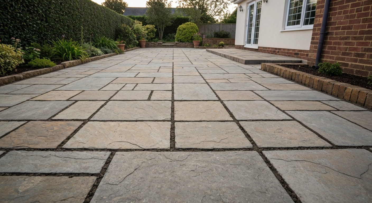 Finished dry-pointed patio showing neat, filled joints between flagstones and pavers, garden edge and house wall in soft focus.