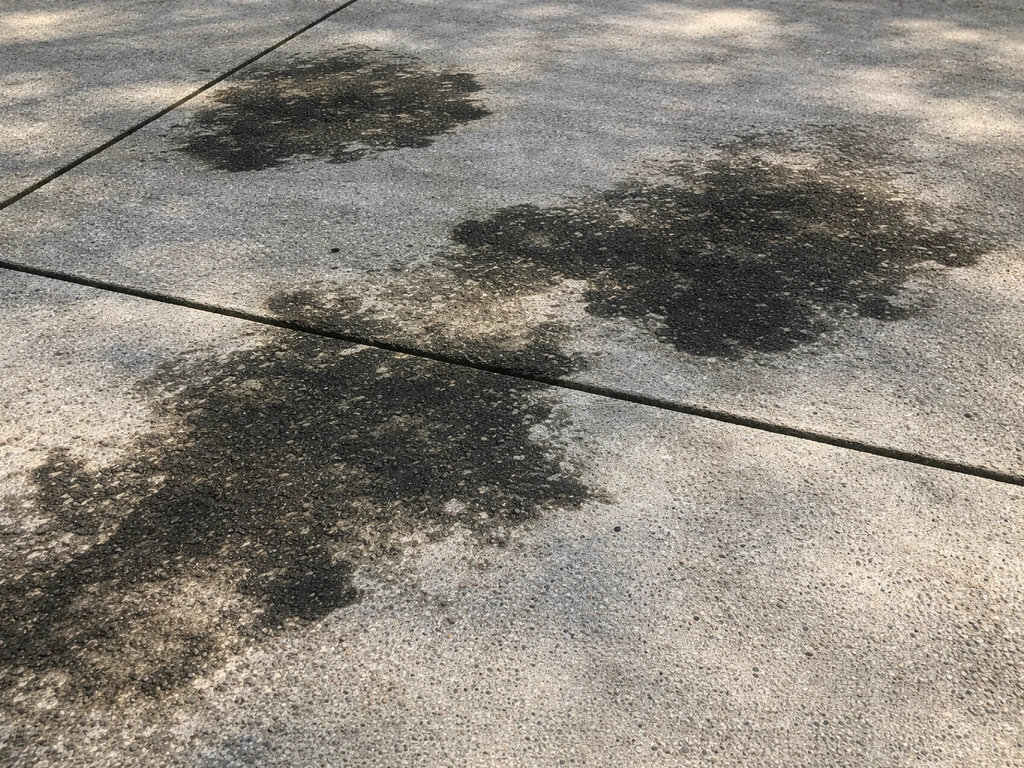 Sunlit concrete patio with blackened patches beside clean sections, showing texture and pores.