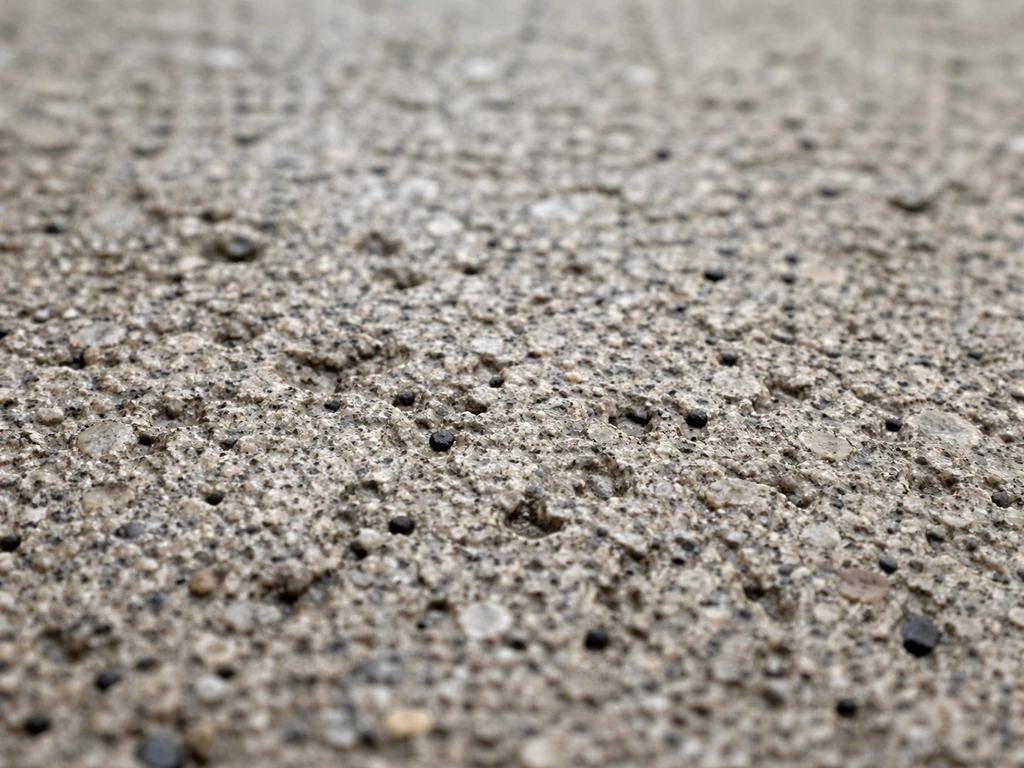 Macro close-up of rough concrete pores with dark residue trapped and a few black specks.