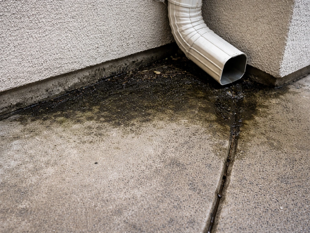 Dark mold/algae patches on shaded patio concrete near a downspout along the perimeter edge.