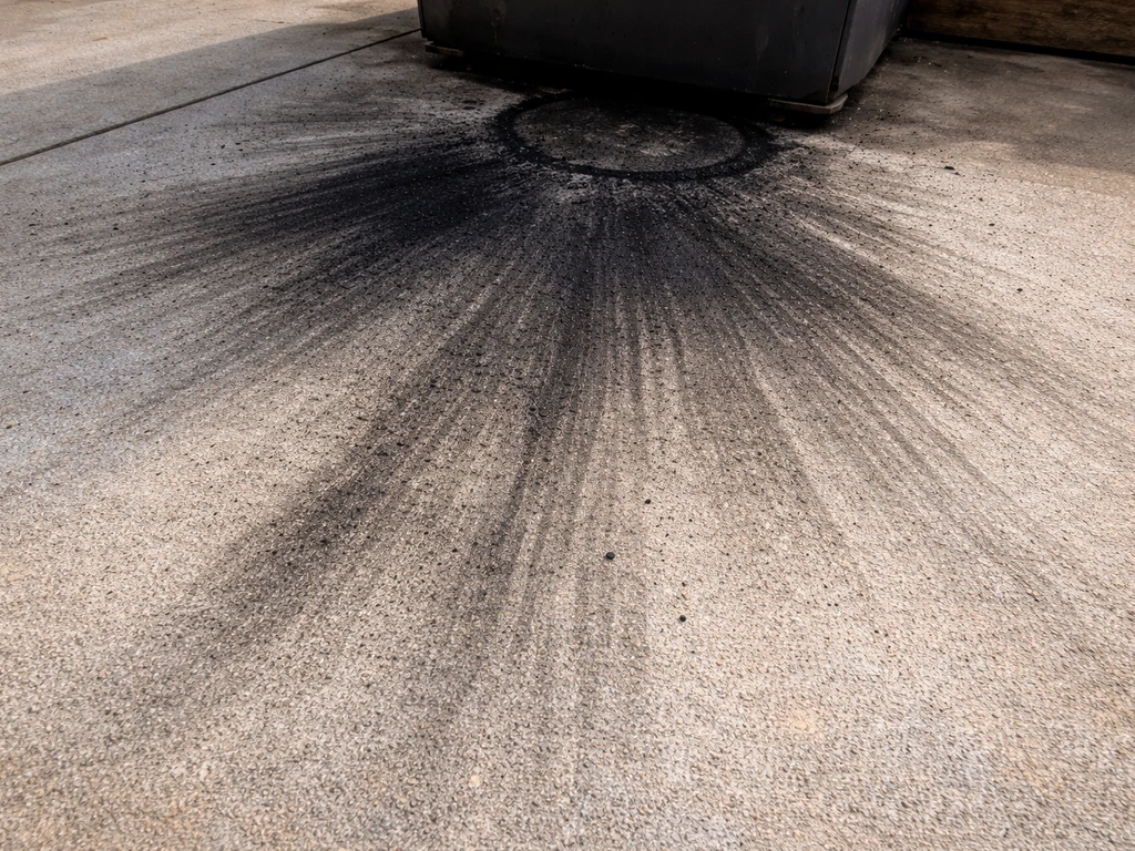 Concrete patio with black soot concentrated in a fan-shaped spread around a grill/fire pit base.