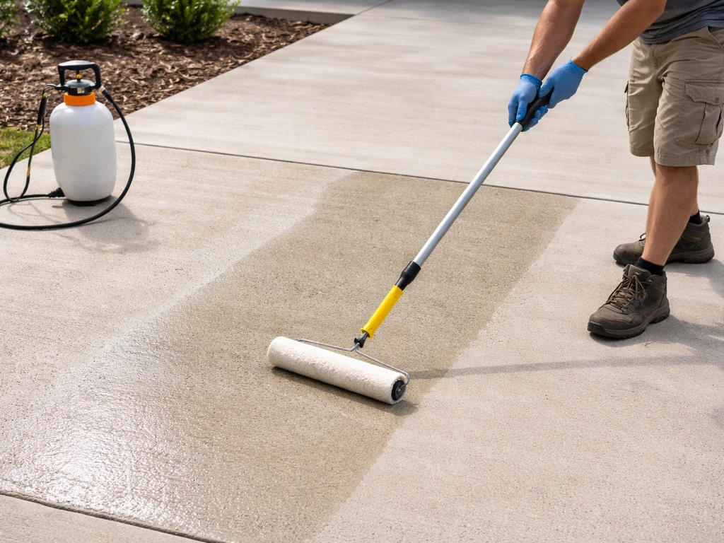 Worker rolls clear concrete sealer onto freshly cleaned concrete, leaving a wet sheen on treated area.