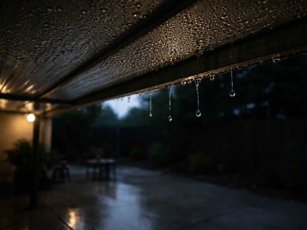 Condensation droplets drip from a metal patio roof underside over a quiet patio at dusk.