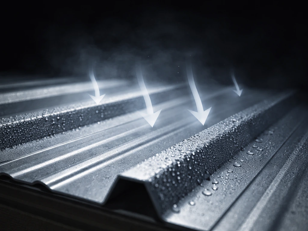 Close-up of a standing-seam metal patio roof with condensation beads forming overnight on cold metal.