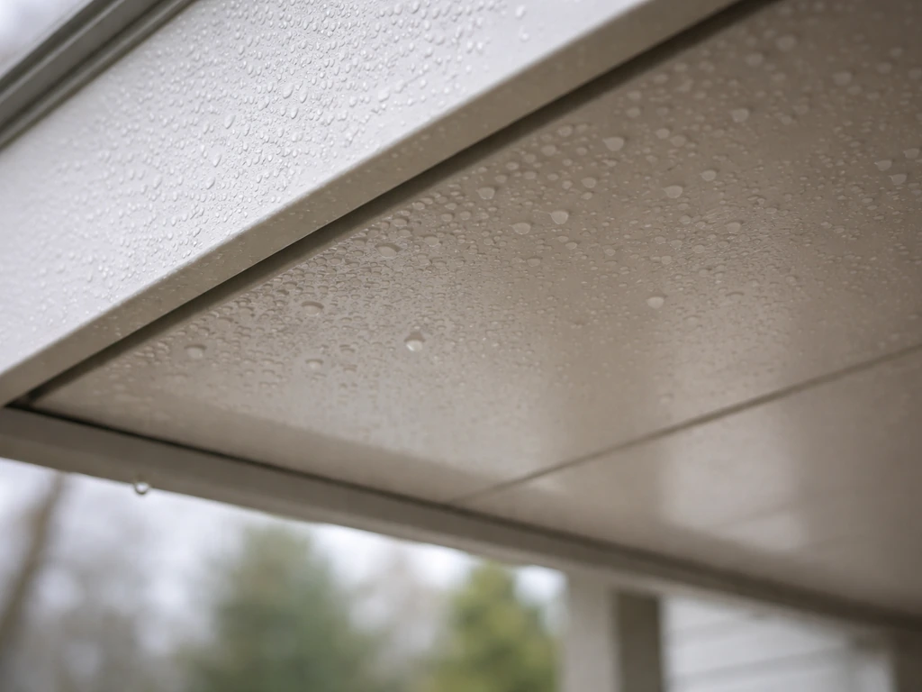 Damp morning underside of a roof with condensation droplets, no rain present.