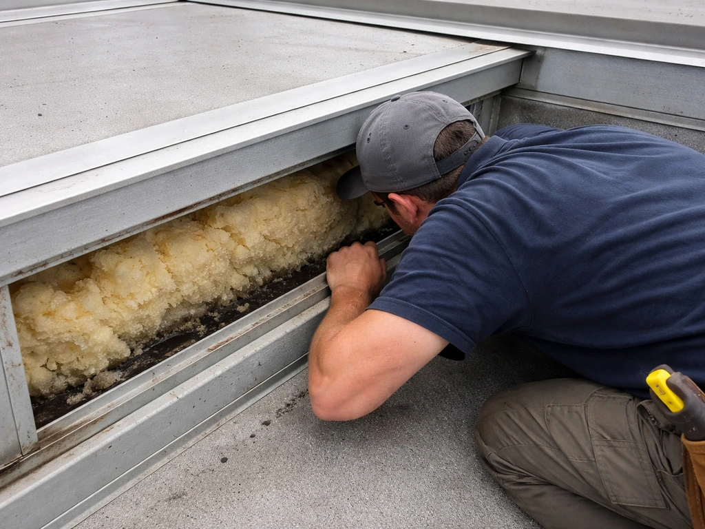 Technician peeking into an insulated roof cavity with visible moisture staining around the insulation.