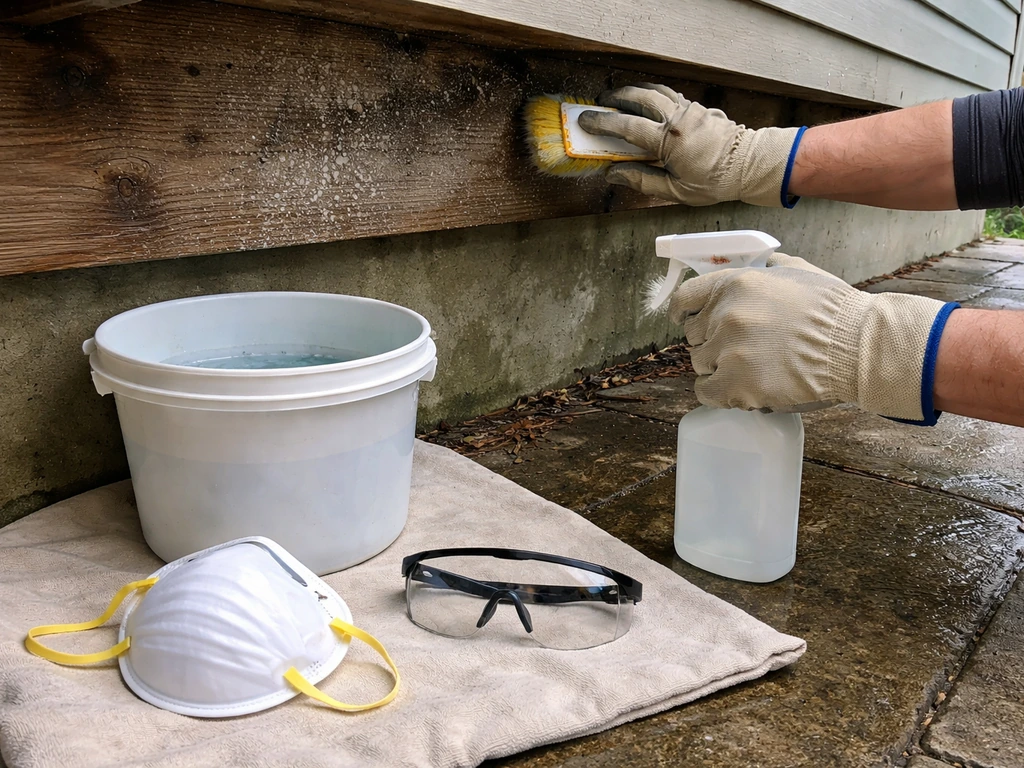 Gloved hands spray and scrub mildew on a roof underside while a respirator mask and safety gear sit nearby.