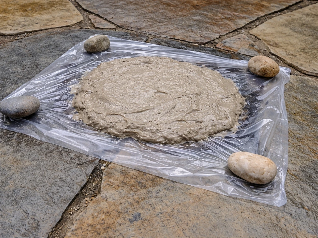 Close-up of a natural stone patio with an oil stain, absorbent poultice covered by a plastic sheet