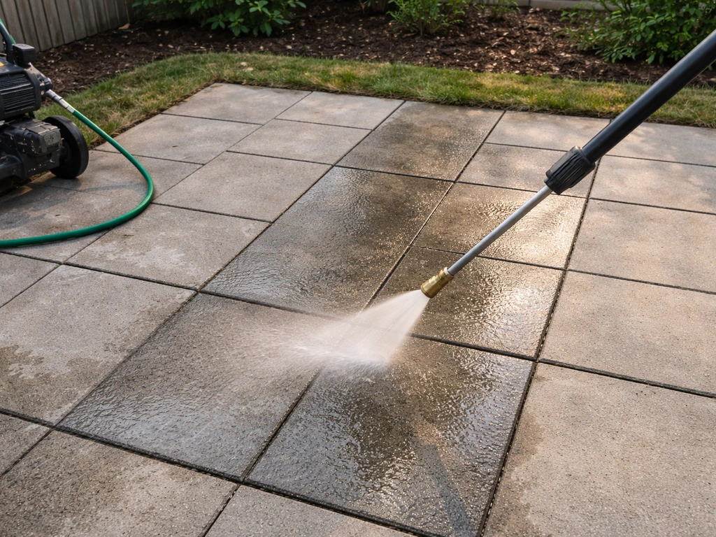 Pressure washer rinsing a degreased concrete patio area, using a 25-degree nozzle, minimal setup.