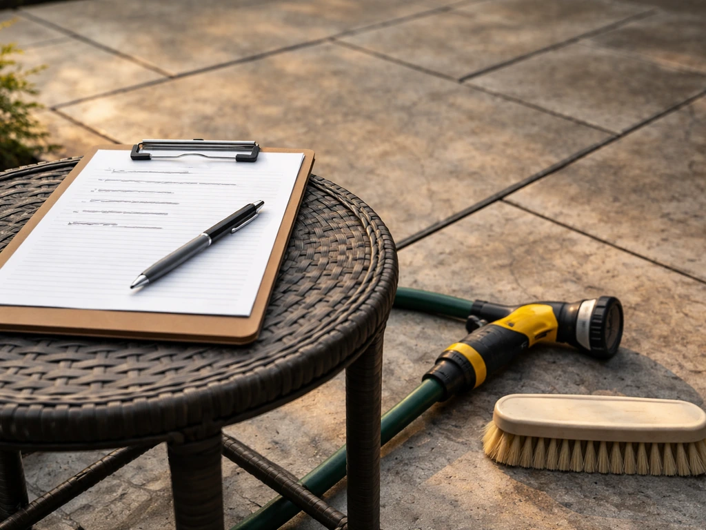 Handwritten stamped concrete maintenance schedule on a clipboard beside a sealed patio surface