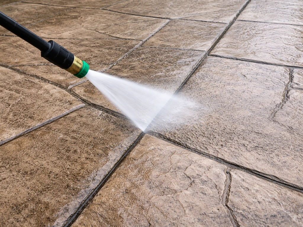 Close-up of a pressure washer wand with a wide fan nozzle rinsing stamped concrete away from seams