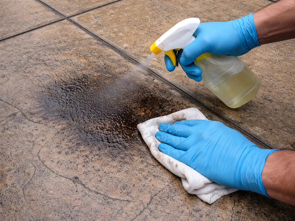 Gloved hands blot and spray diluted degreaser on a grease stain in stamped concrete.